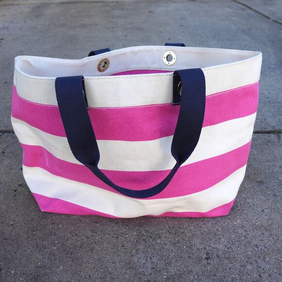 Tommy Hilfiger Canvas Striped Tote Bag Pink White Navy Blue Large Beach Summer - Picture 7 of 11